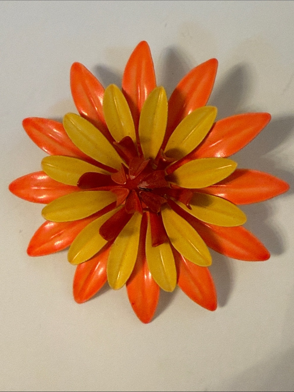 BROOCH METAL FLOWER ORANGE YELLOW RED ENAMEL LAYERED TIERS PETALS VINTAGE